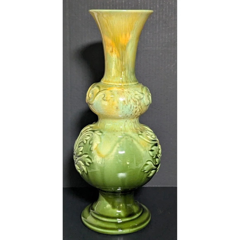 Vtg Haeger Baluster Vase Raised Acanthus Leaves Glossy Yellow & Green Drip Glaze